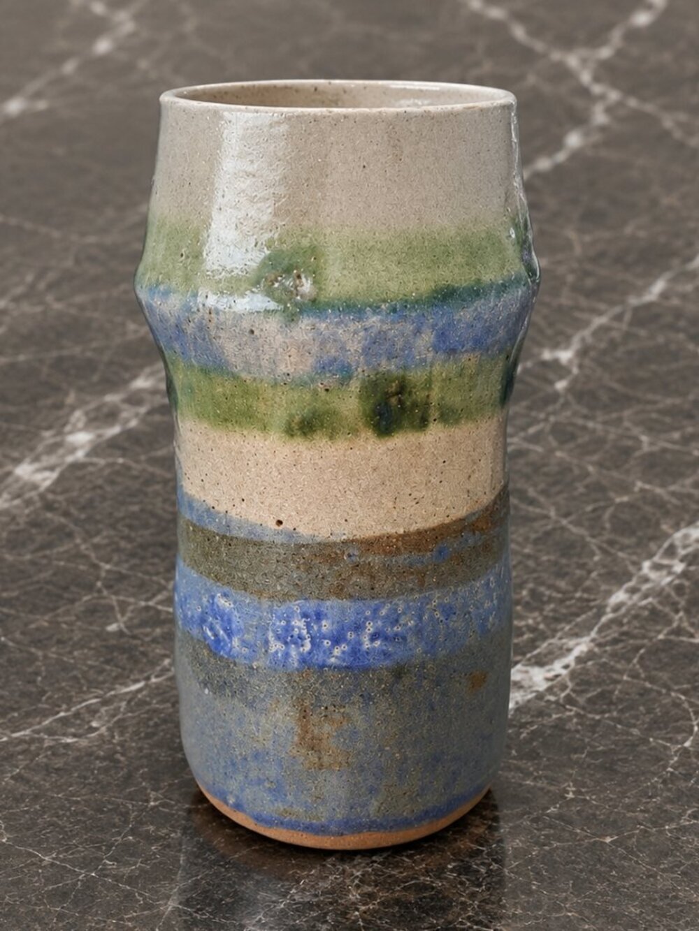Vintage Handmade Stoneware Cylinder Vase Blue Gray Green Glaze 6.75"